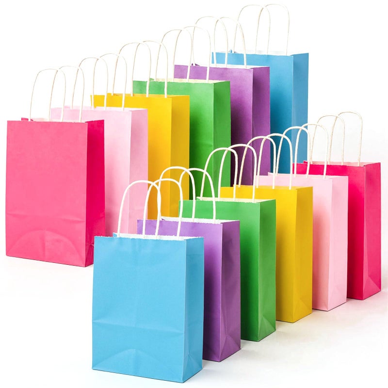 LovesTown 18pcs Paper Gift Bags with Handles, 5.8x3.1x8.3 Inch Goodie Bags 6 Colors for Birthdays, Weddings, Classrooms Party Favors - Image 1